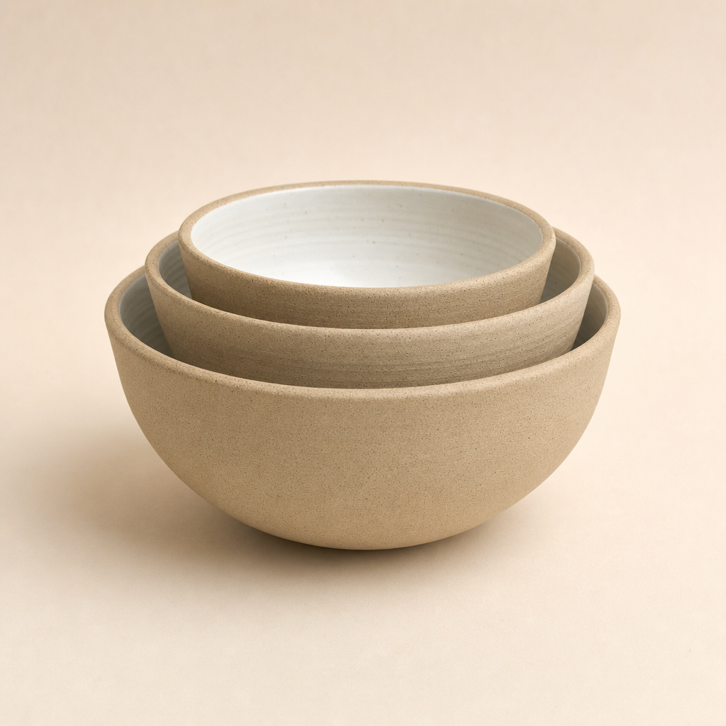 Set of three stoneware nesting bowls with sand-beige matte glaze, stacked