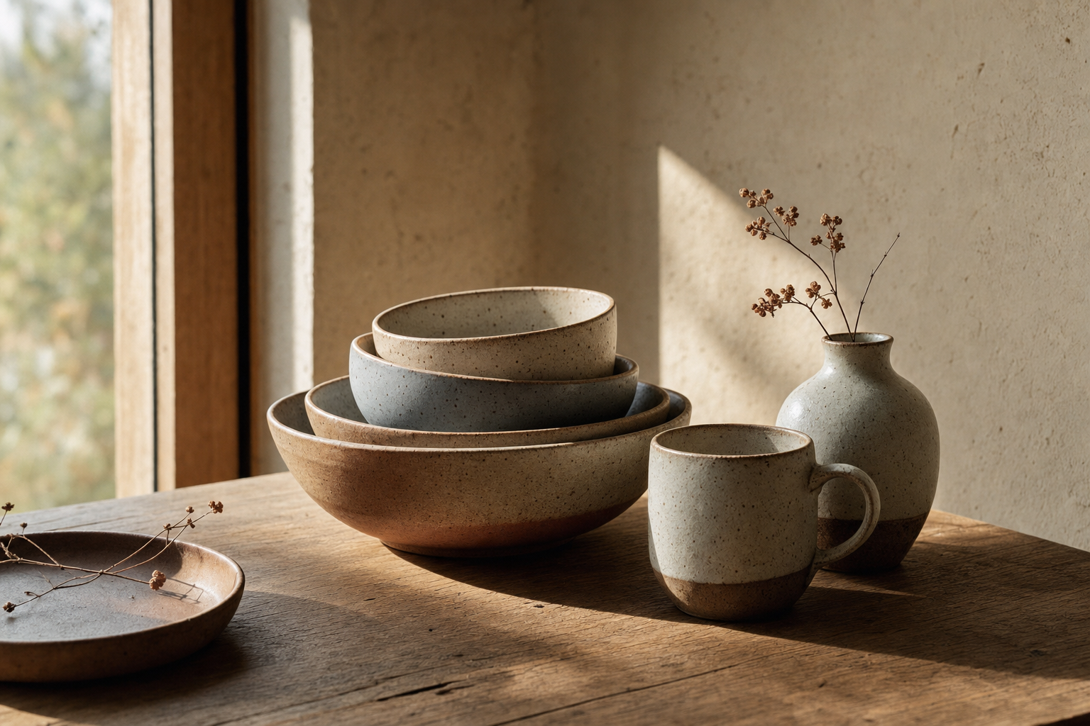 A stack of handmade stoneware bowls, a speckled mug and a small vase on an oak table in warm window light