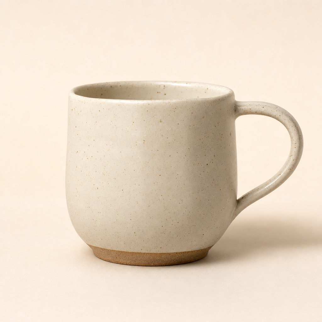 Handmade stoneware mug with cream speckled glaze and raw clay foot