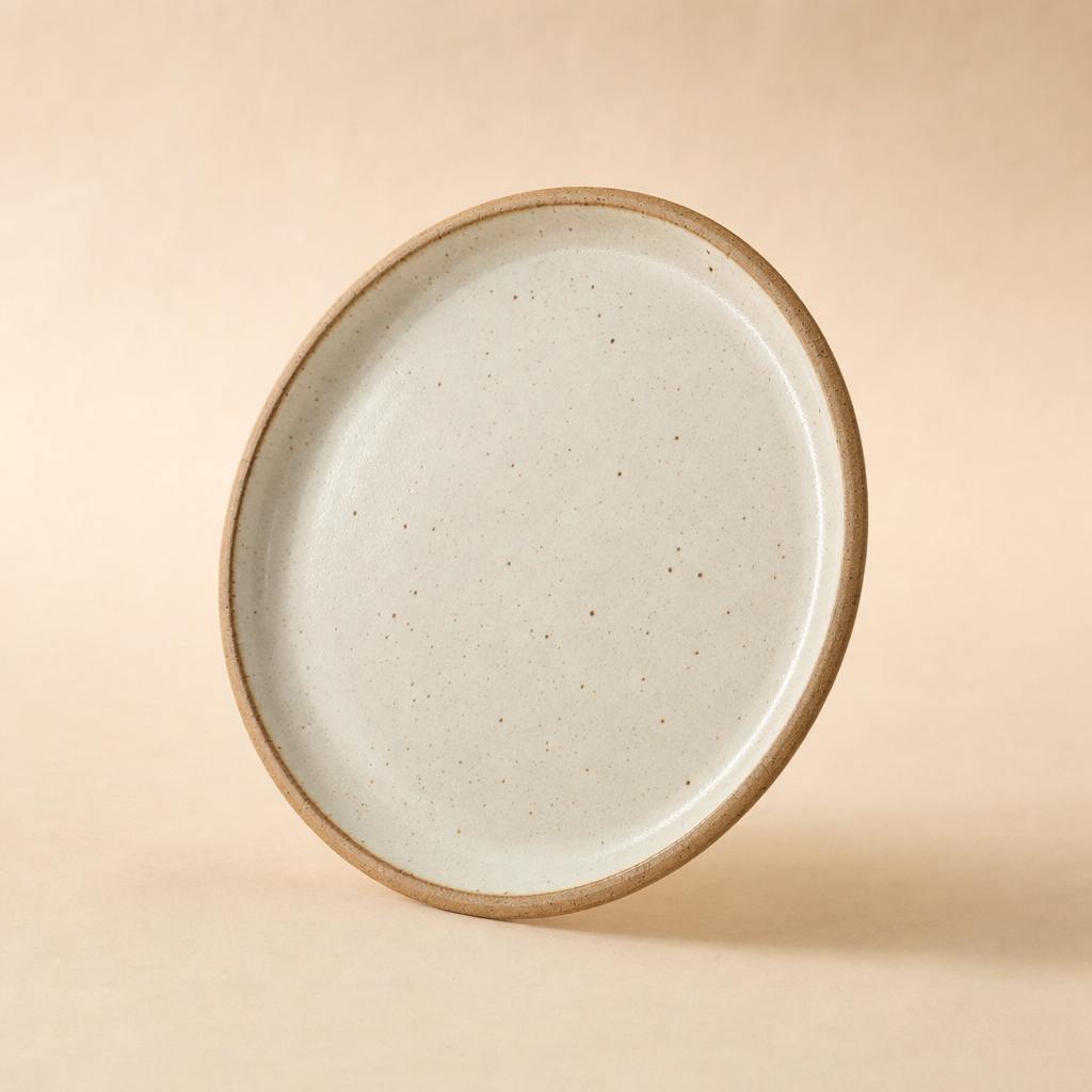 Stoneware dinner plate with warm white glaze and unglazed clay rim