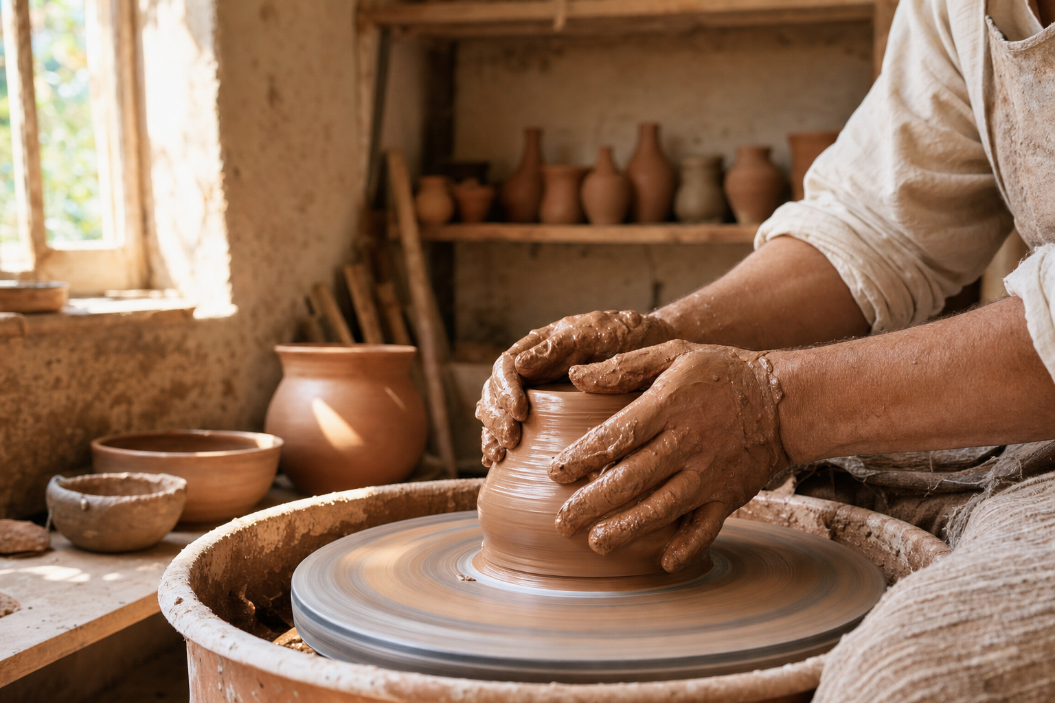 A potter's clay-covered hands centering wet terracotta on a spinning wheel in warm window light