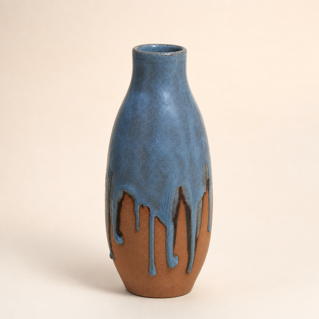 Ceramic bud vase with thick blue-grey glaze dripping over raw terracotta clay